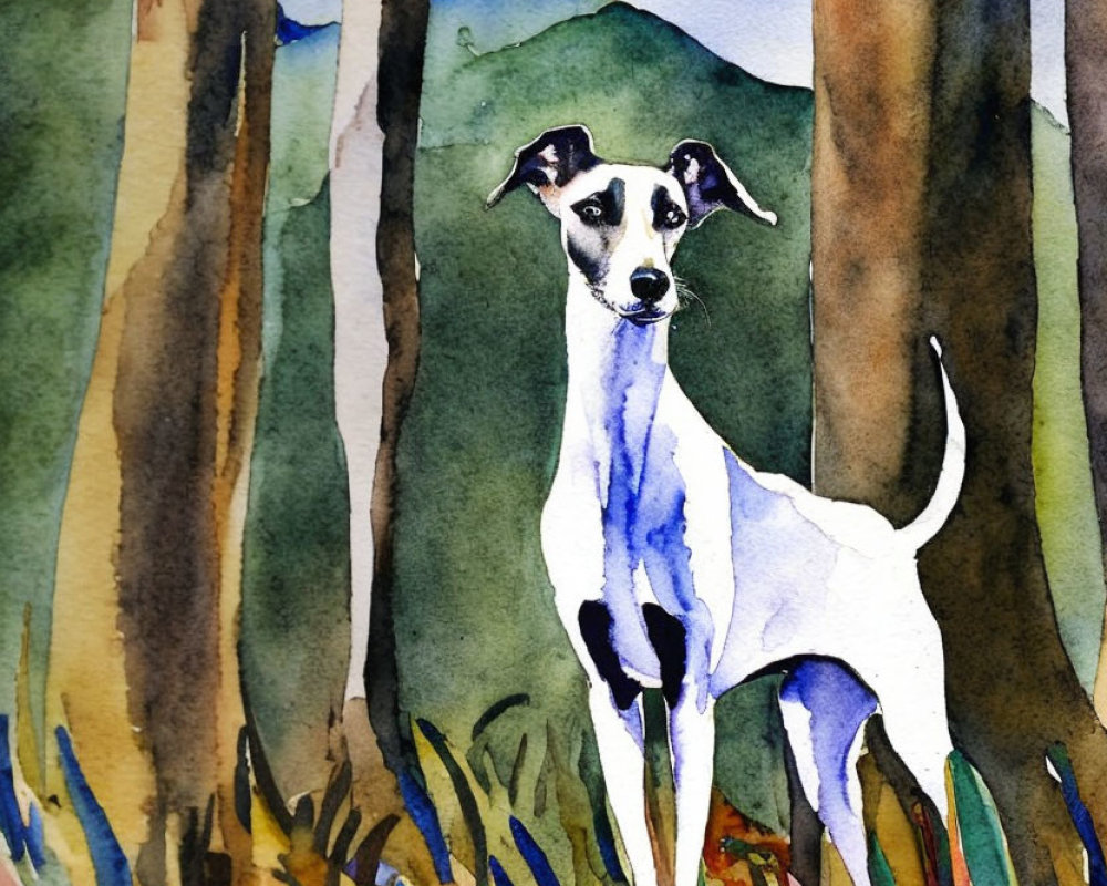 White and black dog in colorful forest with tall trees and vibrant undergrowth