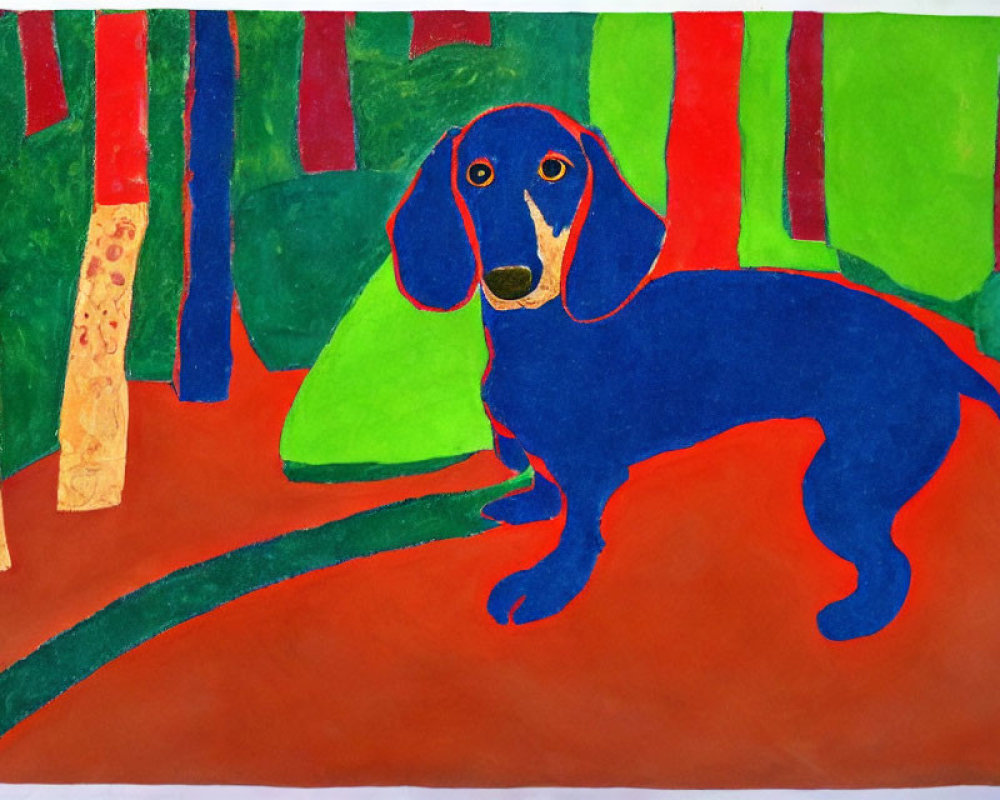 Vibrant handmade drawing of blue dachshund on path with abstract green trees