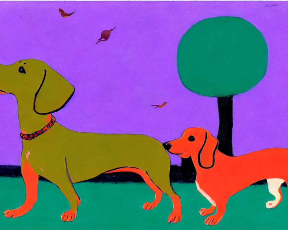 Stylized green and orange dogs with elongated bodies on purple background.