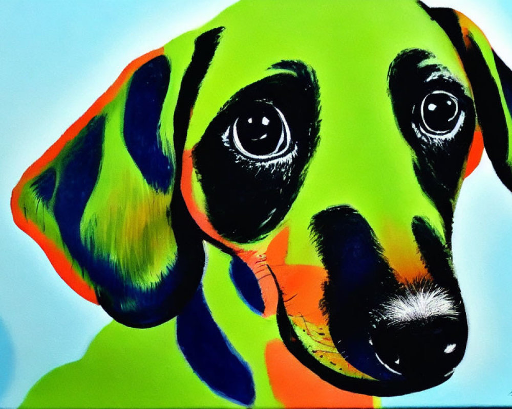 Vibrant dachshund painting with expressive eyes and colorful palette