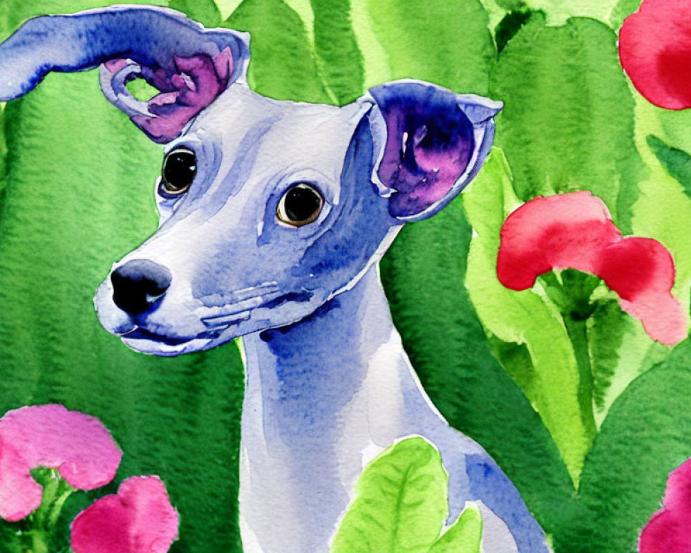 Slender blue dog in watercolor against green foliage and red flowers