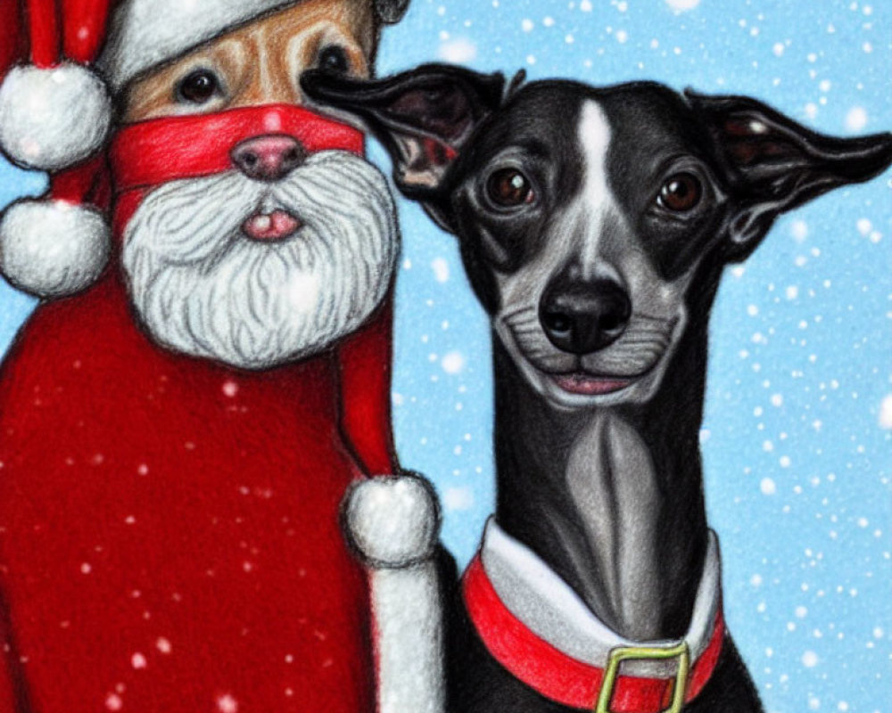 Whimsical dog with large ears and Santa Claus figure in falling snowflakes