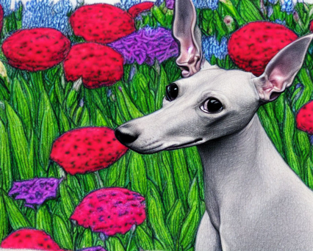 White Italian Greyhound Dog Sitting Among Colorful Flowers and Green Grass