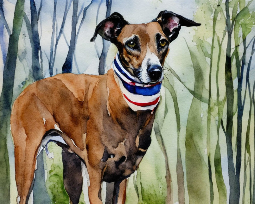 Brown Dog with Scarf in Forest Watercolor Painting