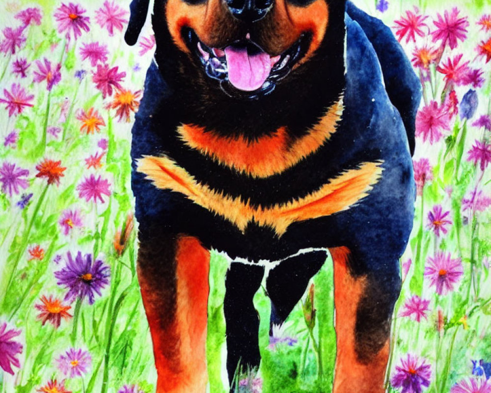 Colorful Watercolor Painting of Smiling Rottweiler in Meadow