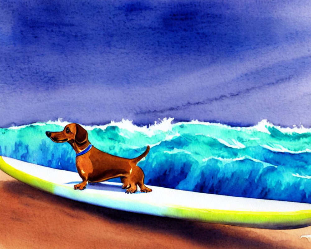 Cartoon dachshund surfing on vibrant blue waves