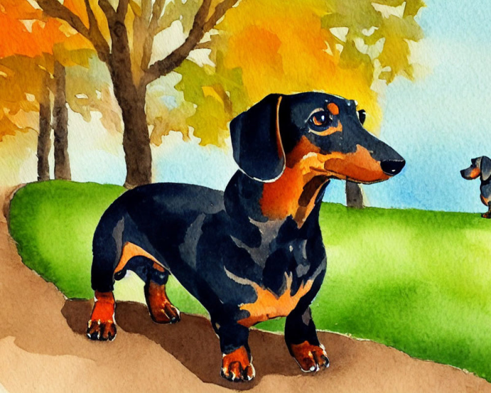 Two dachshunds in autumn setting with colorful trees