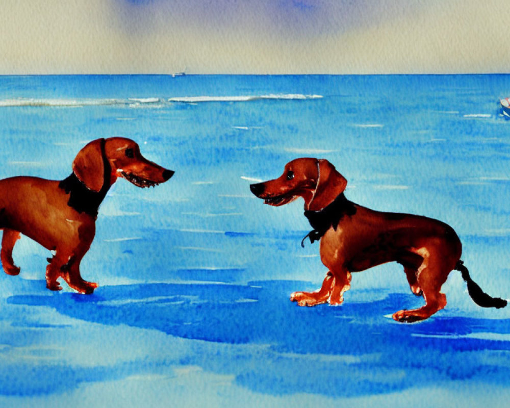 Two dachshunds on beach with boat and horizon