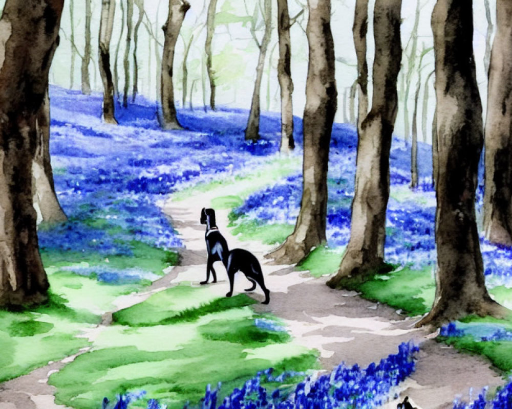 Watercolor painting: Dog in bluebell forest with slender tree trunks