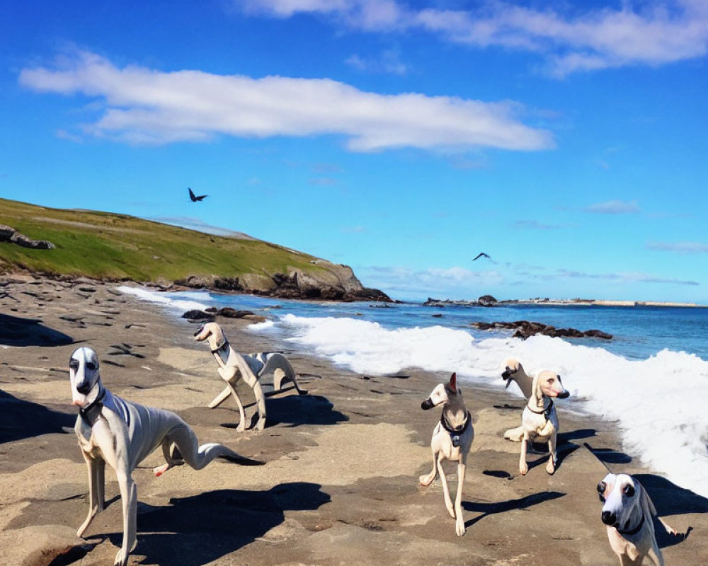 Dogs running on sunny coastal landscape with birds