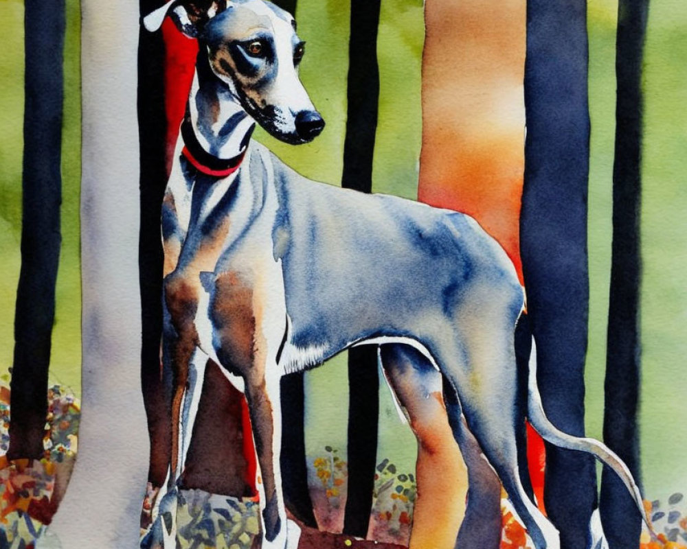Slender greyhound in colorful forest with red foliage