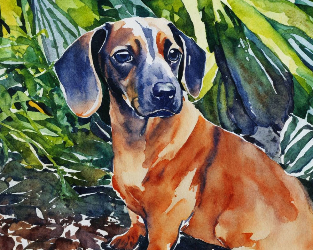 Vibrant watercolor painting of a dachshund in green foliage