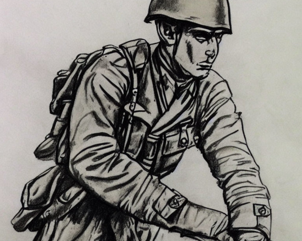 Detailed pencil sketch of soldier in helmet, uniform with insignia, carrying backpack, bracing for impact