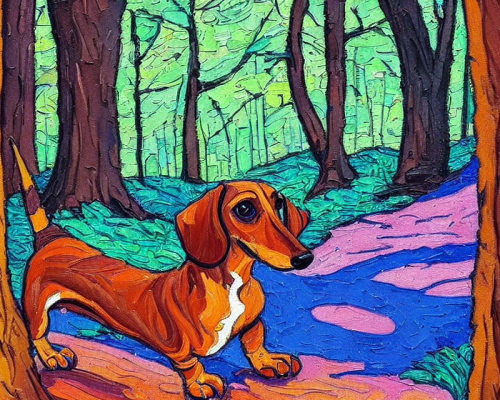 Vibrant painting of brown dachshund in colorful forest