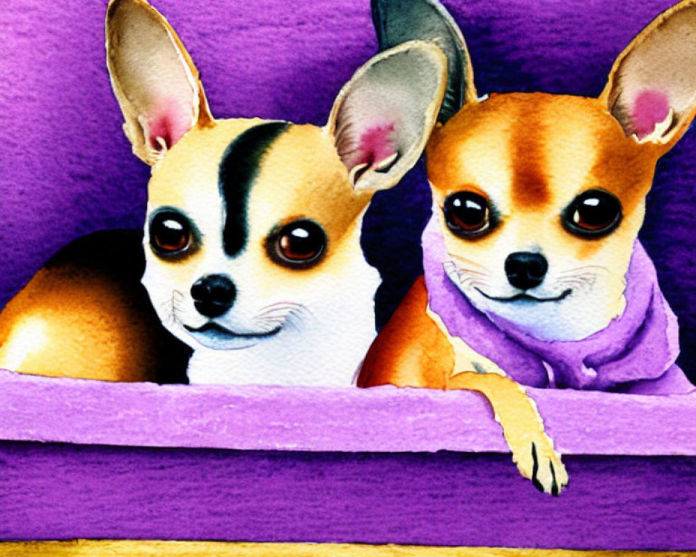 Chihuahua dogs on purple bed with scarf in vibrant watercolor style