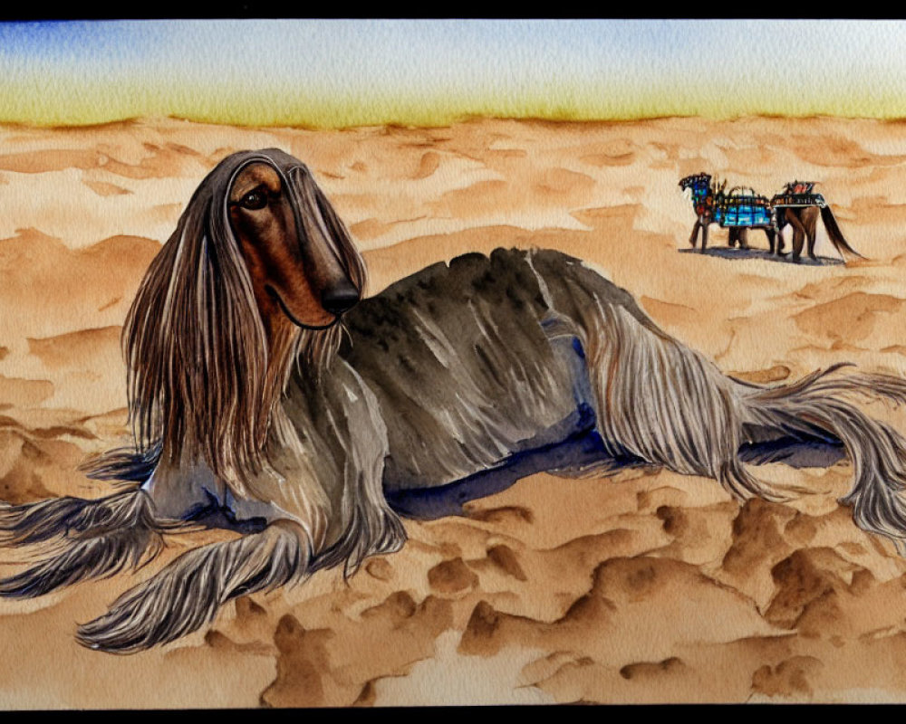 Giant dog lounging in desert landscape with caravan mirage