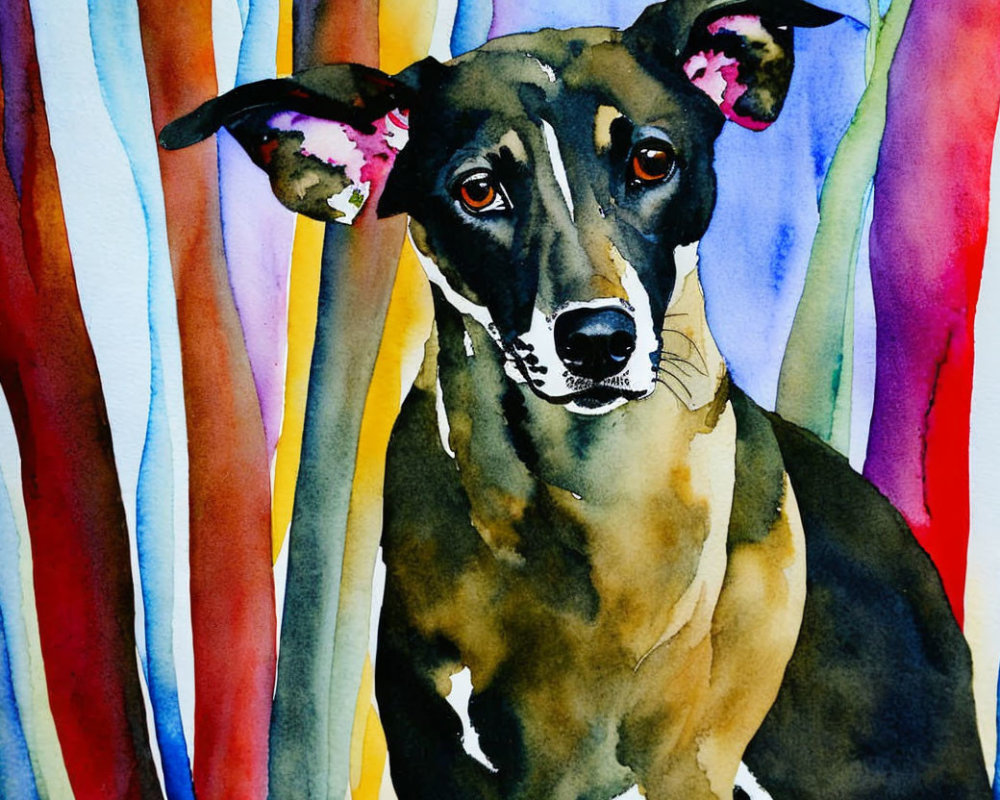 Colorful Watercolor Painting of Dog with Striking Eyes on Striped Background