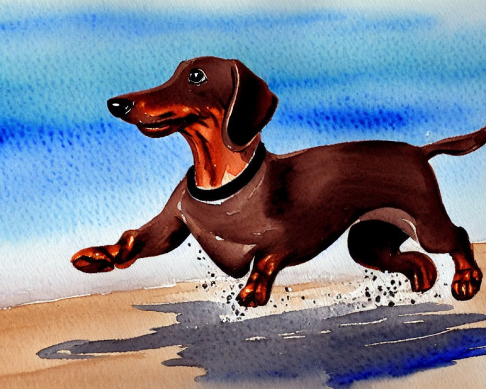 Joyful Brown Dachshund Trotting on Sandy Beach in Watercolor