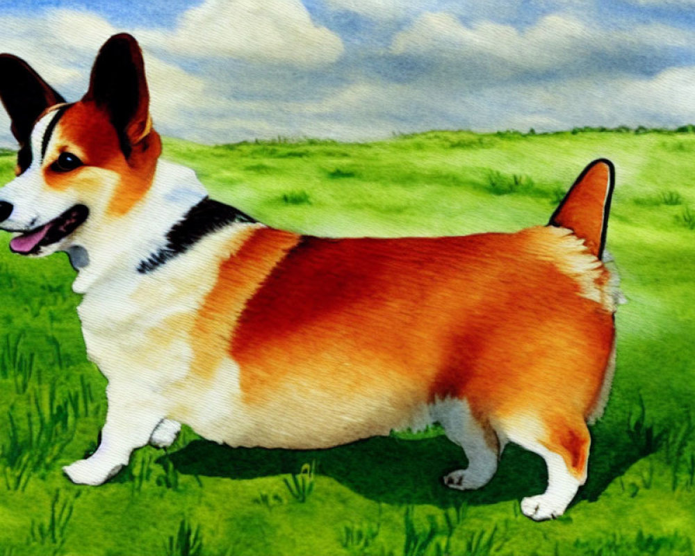 Colorful Pembroke Welsh Corgi in Grass Field under Cloudy Sky