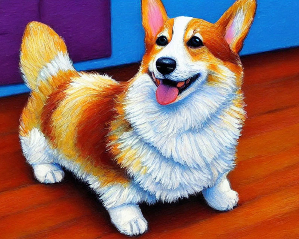 Colorful Happy Corgi Illustration on Purple and Blue Background