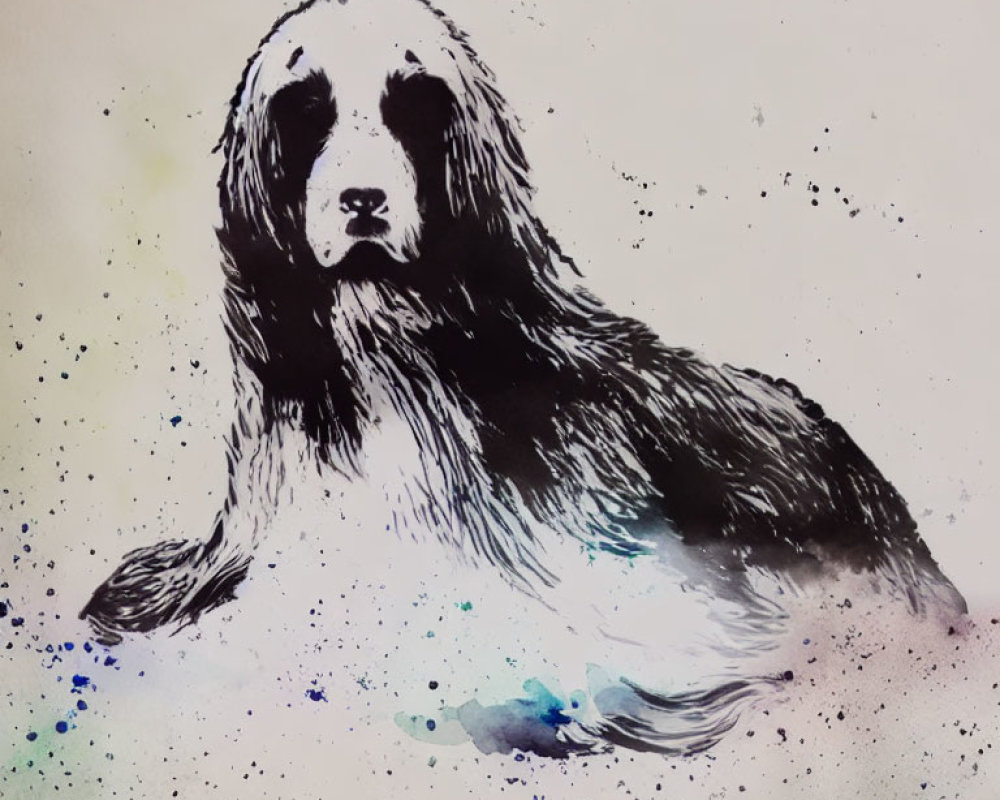 Long-Haired Dog Watercolor Painting with Black and White Fur and Ink Splatter Effects