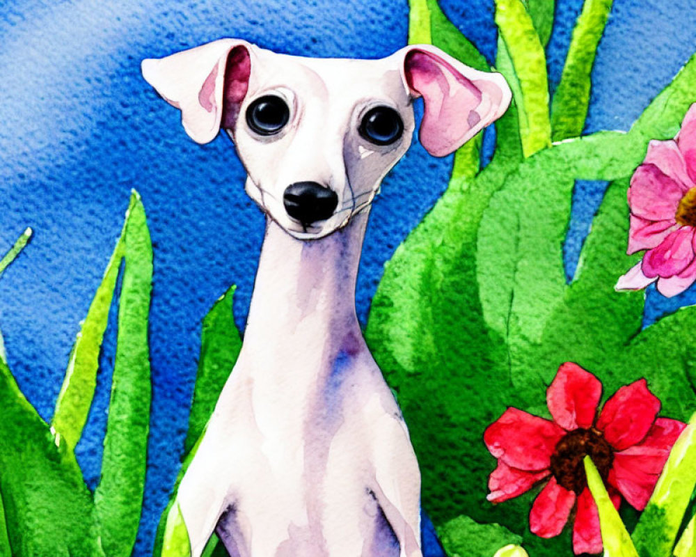 Slender white dog in watercolor with large ears among green leaves and red flowers on blue.