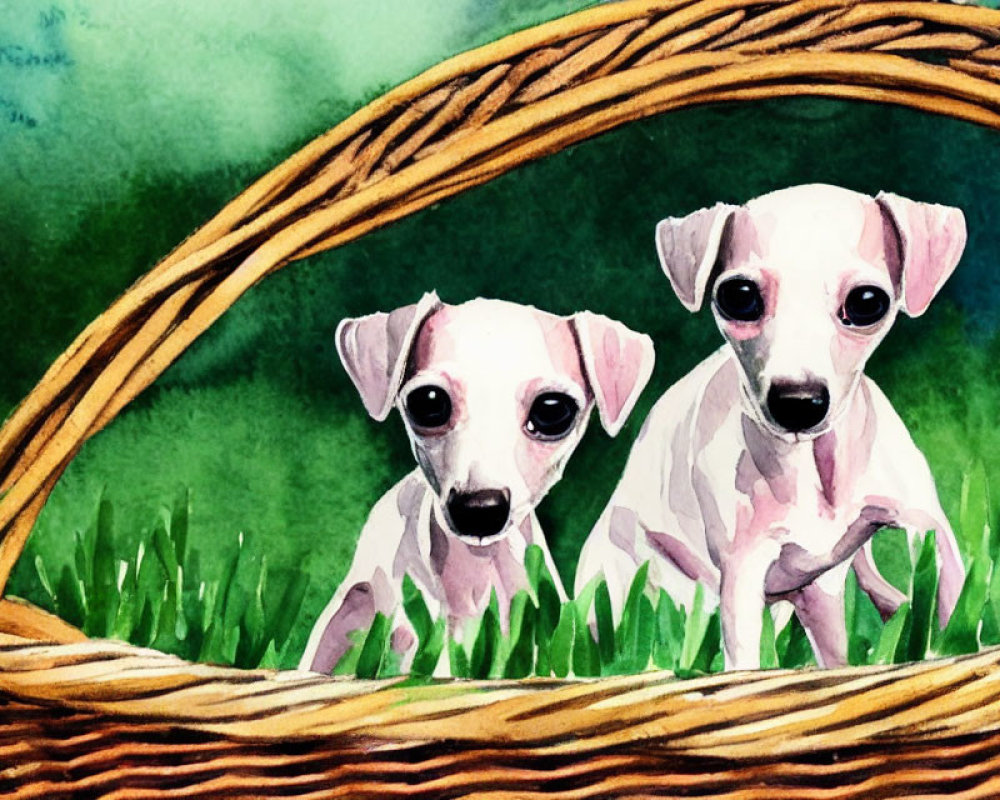 Adorable puppies in a basket on grass with watercolor background