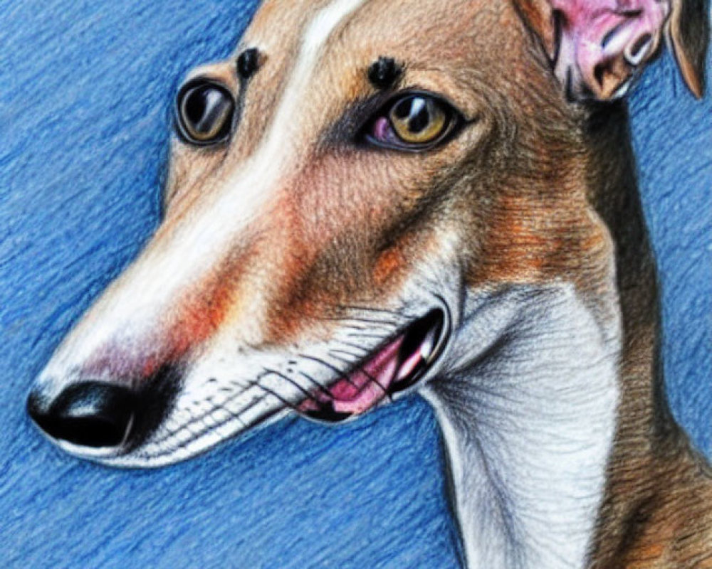 Realistic colored pencil drawing of a brown and white greyhound on textured blue backdrop