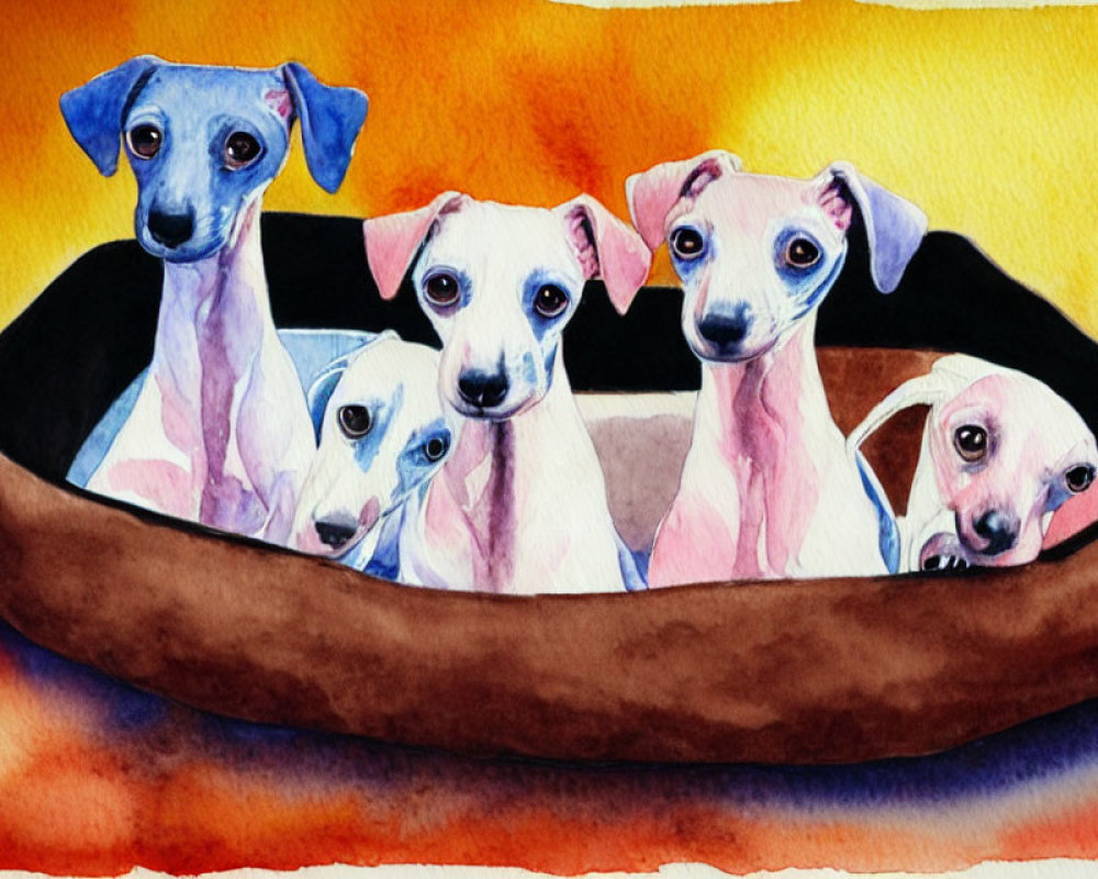 Five adorable puppies on a cozy bed against an orange-yellow watercolor backdrop