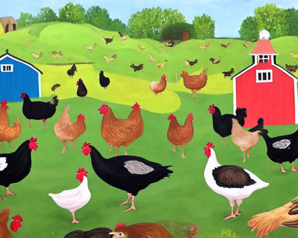 Colorful Countryside Scene: Chickens and Barns on Green Hills
