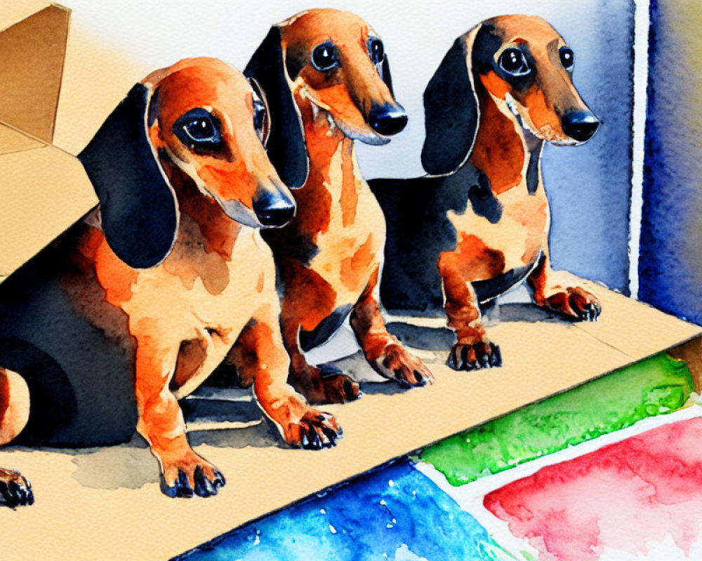 Three dachshunds in watercolor painting with vibrant palette.