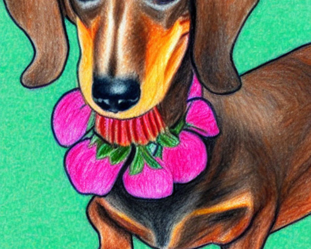 Dachshund illustration with big eyes and pink lei on green background