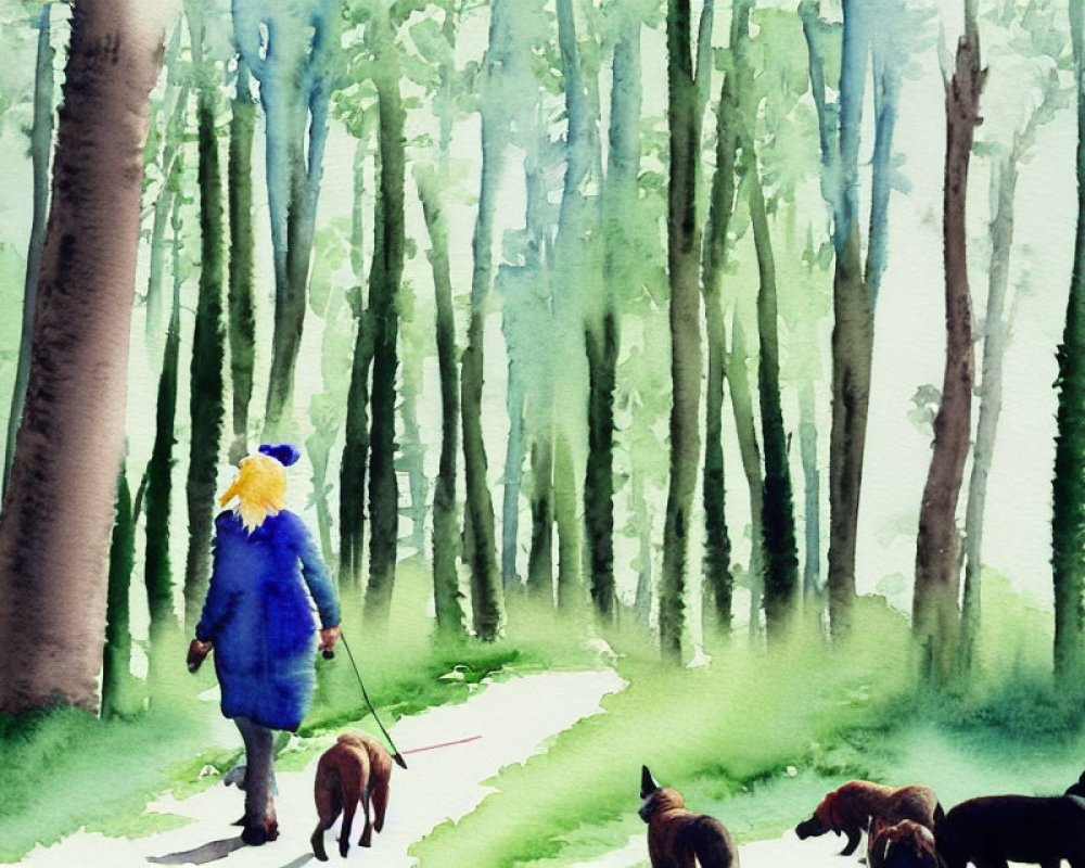 Person in Blue Coat Walking Four Dogs in Lush Green Watercolor Forest