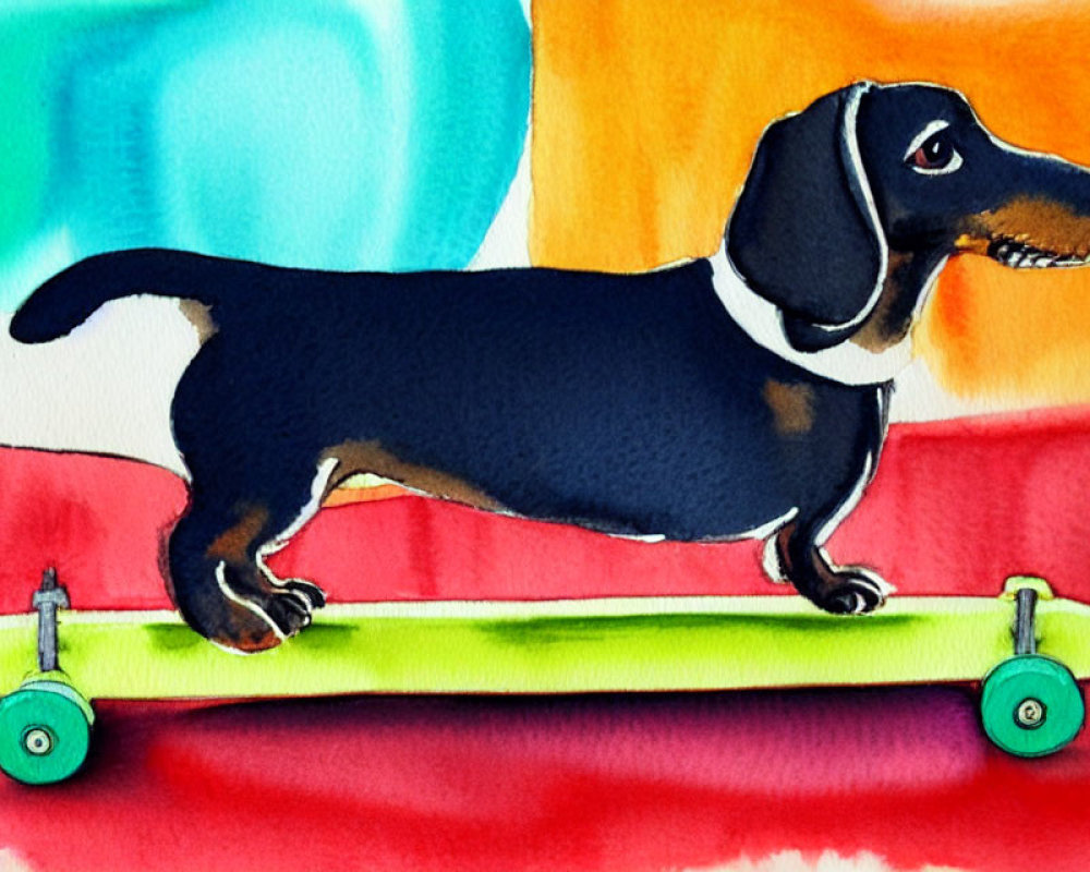 Dachshund Dog Skateboarding on Colorful Watercolor Background