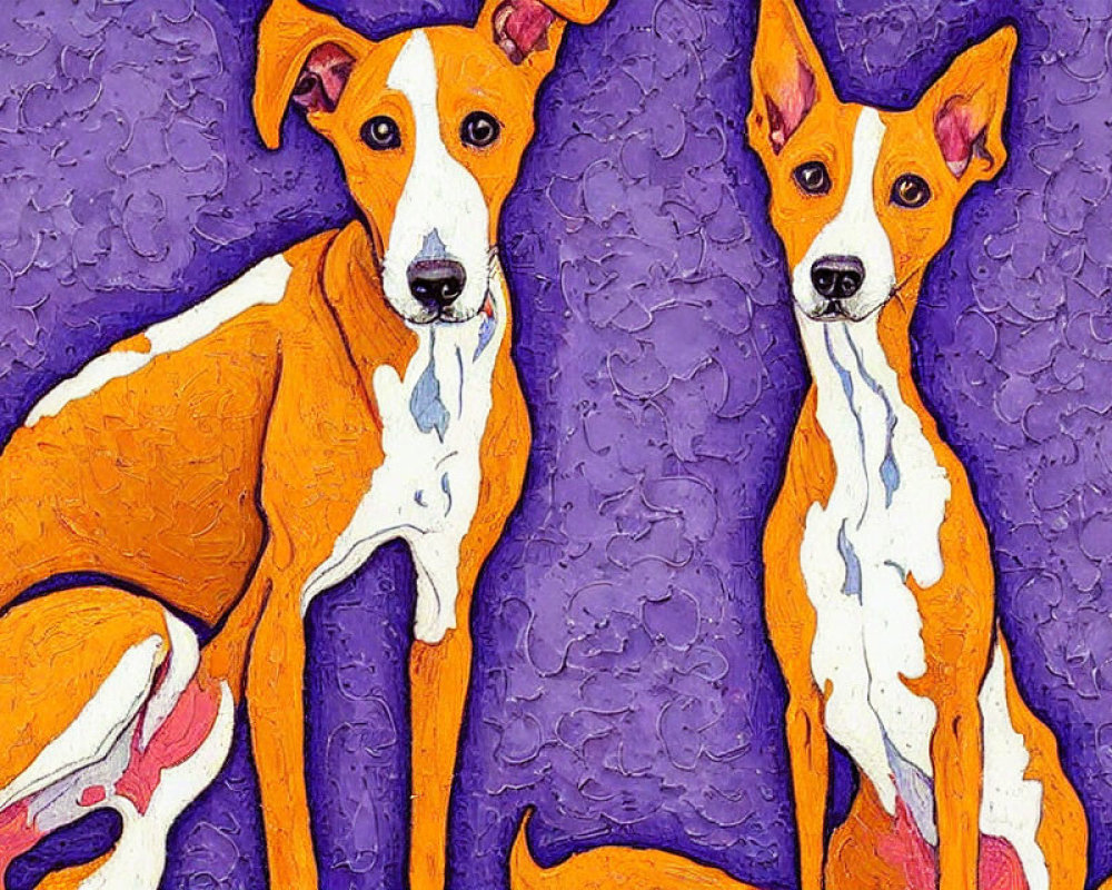 Stylized Dogs in Vibrant Colors on Textured Purple Background