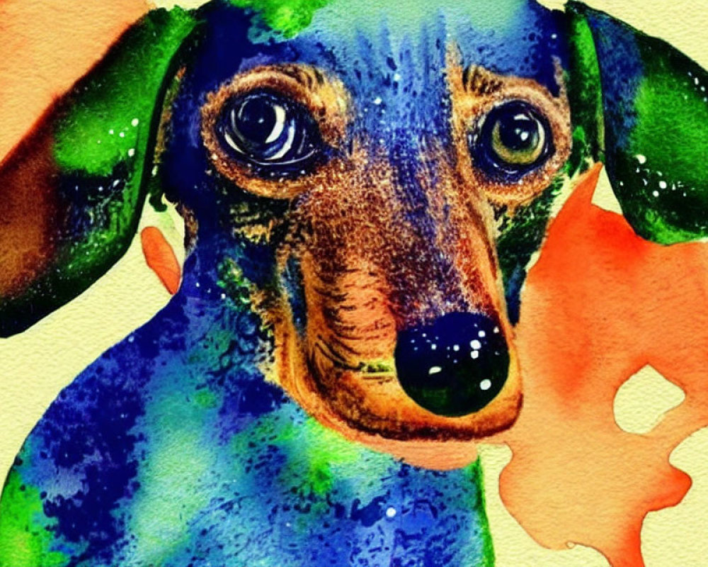 Vibrant watercolor painting of a dachshund in blue and green hues