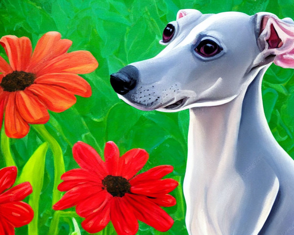 White Dog Among Red-Orange Flowers in Vibrant Green Background