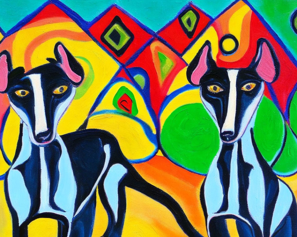 Stylized dogs with elongated features on colorful geometric backdrop