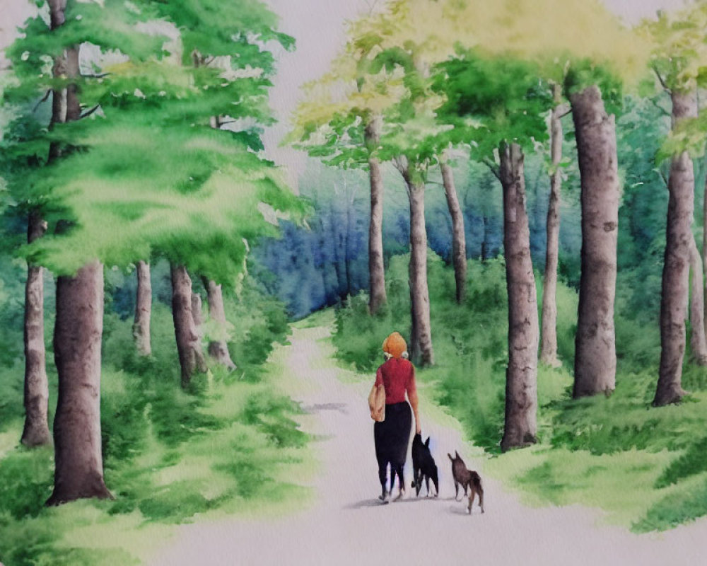 Person in Red Hat Walking with Two Dogs in Lush Forest Watercolor Art