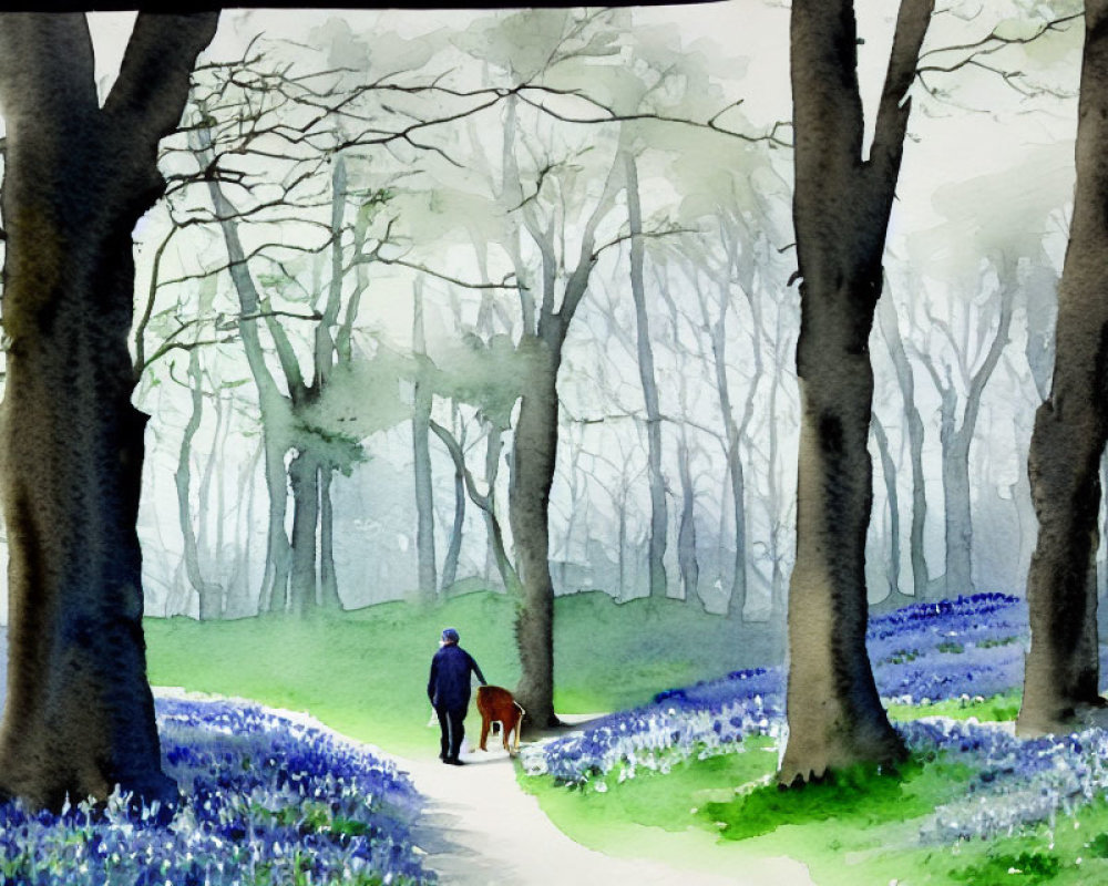 Watercolor painting of person walking with dog in forest with bluebell flowers