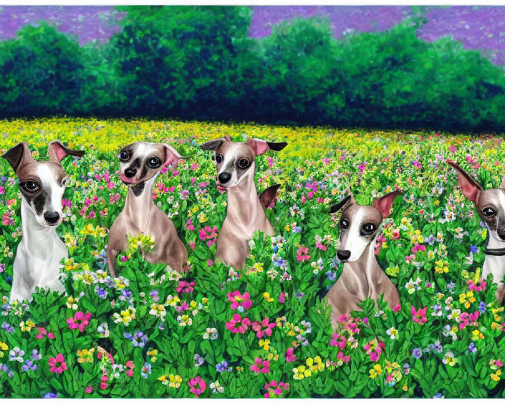 Five Whimsical Cartoon Italian Greyhounds in Colorful Wildflower Field