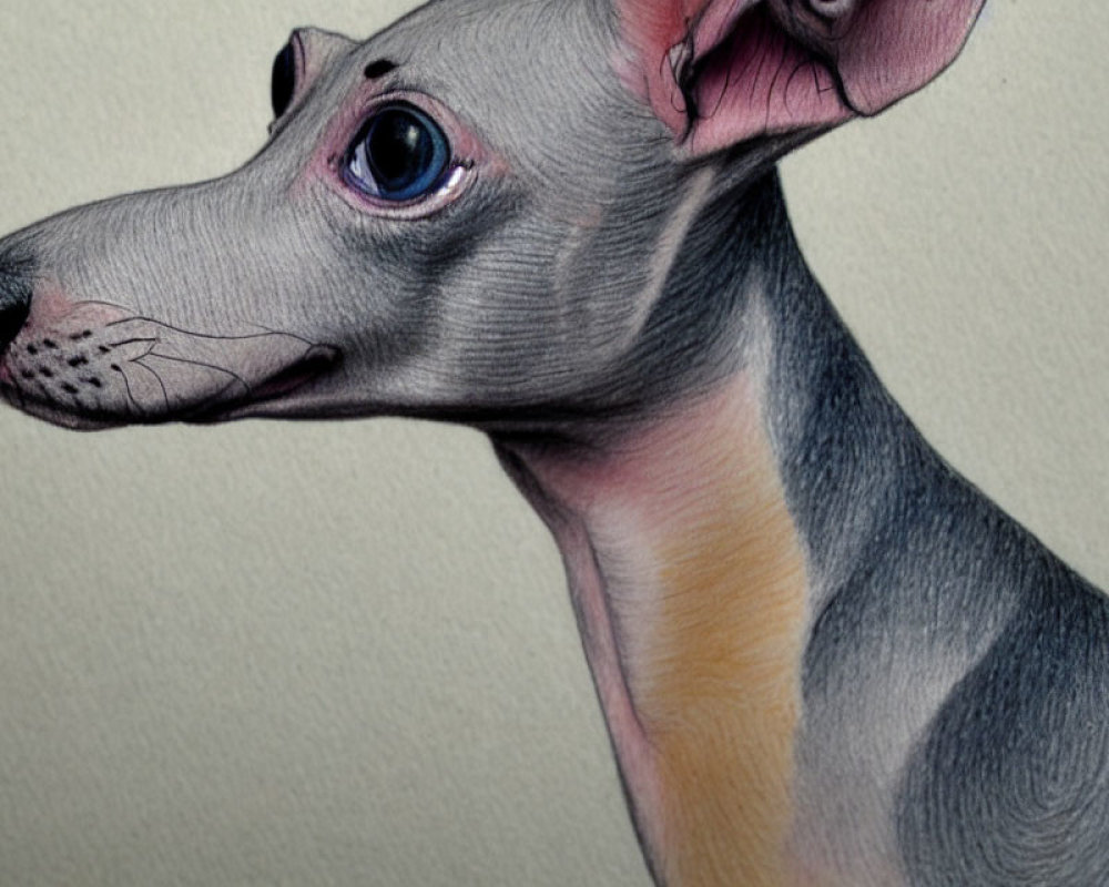 Detailed Drawing of Grey Italian Greyhound with Pink Collar