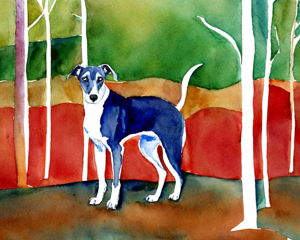 Colorful Abstract Forest Watercolor with Black and White Dog