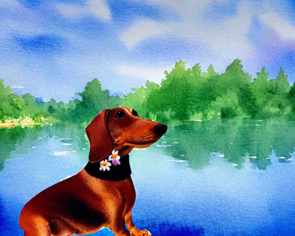 Brown dachshund with flower collar by blue water and greenery landscape