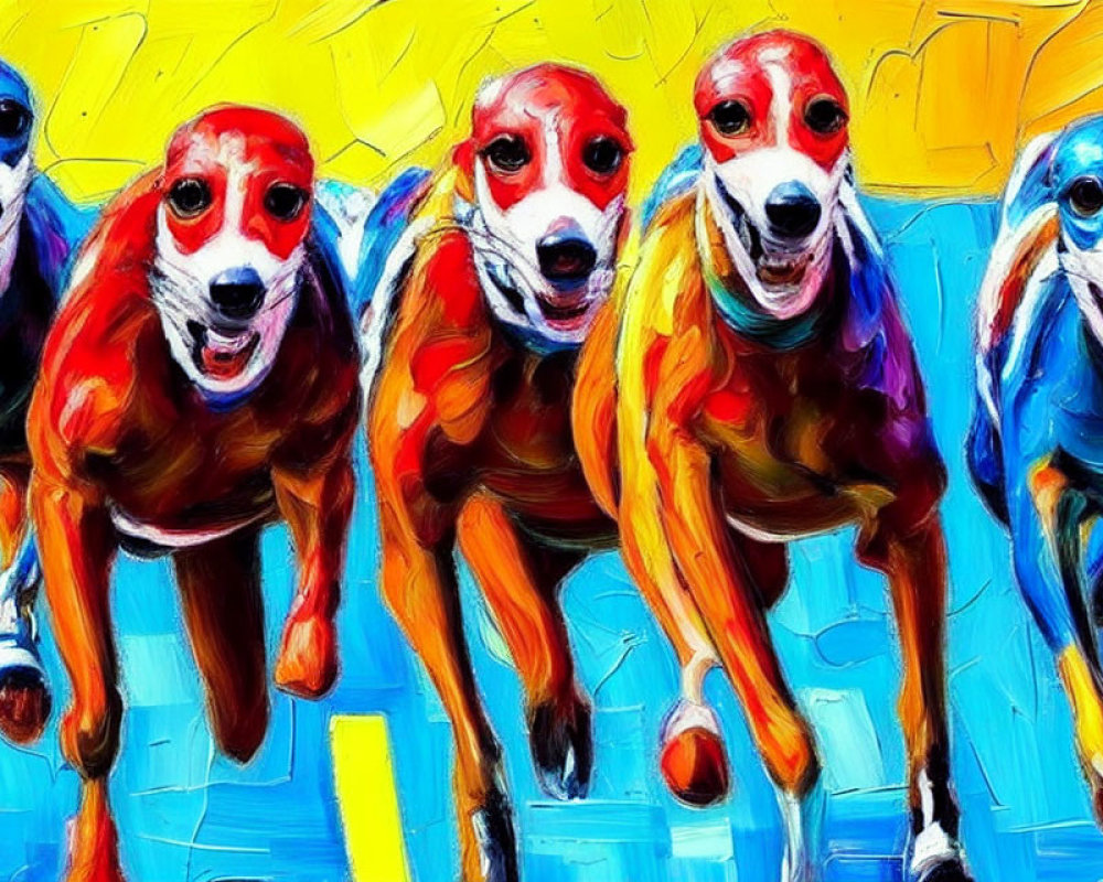 Colorful Dogs Racing in Vibrant Painting