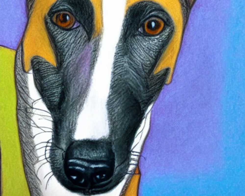 Vibrant dog drawing with bold eyes and colorful background