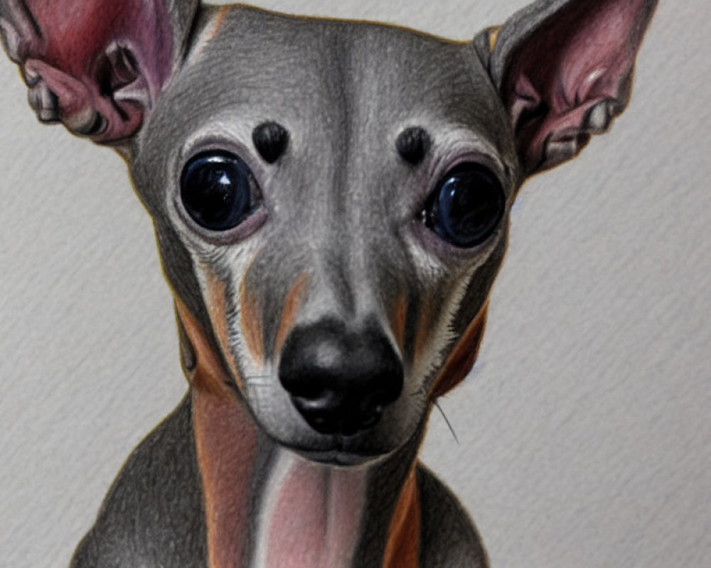 Detailed close-up of gray and tan dog with expressive eyes and prominent ears