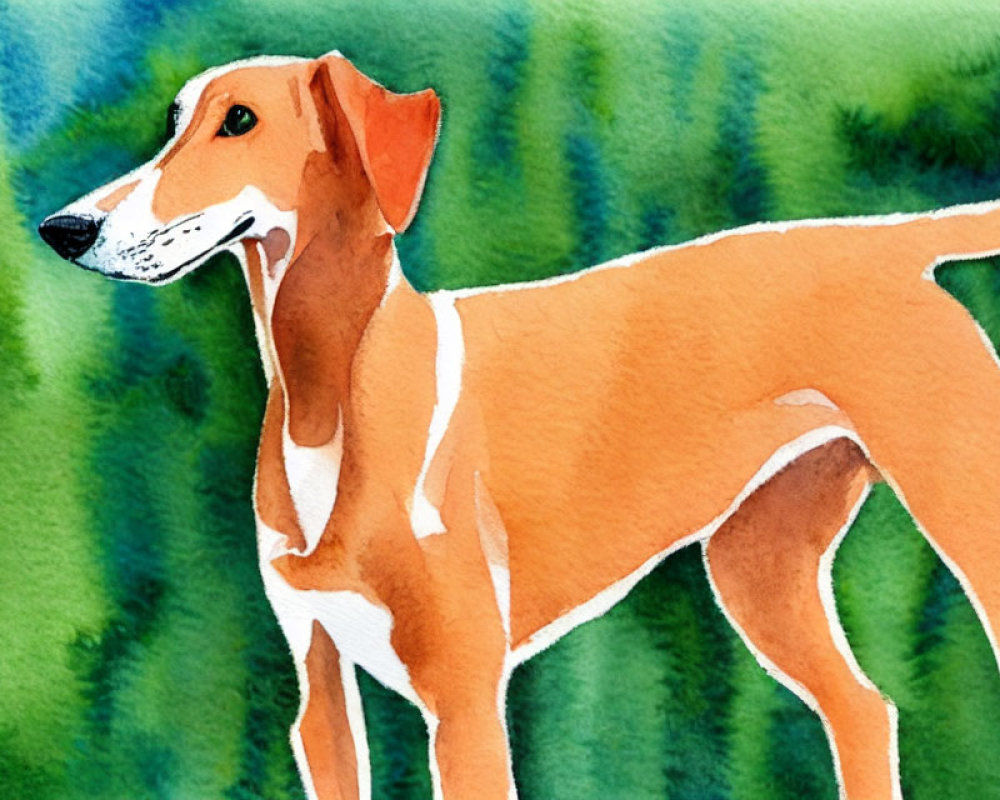 Brown and White Dog in Watercolor Against Greenery Background