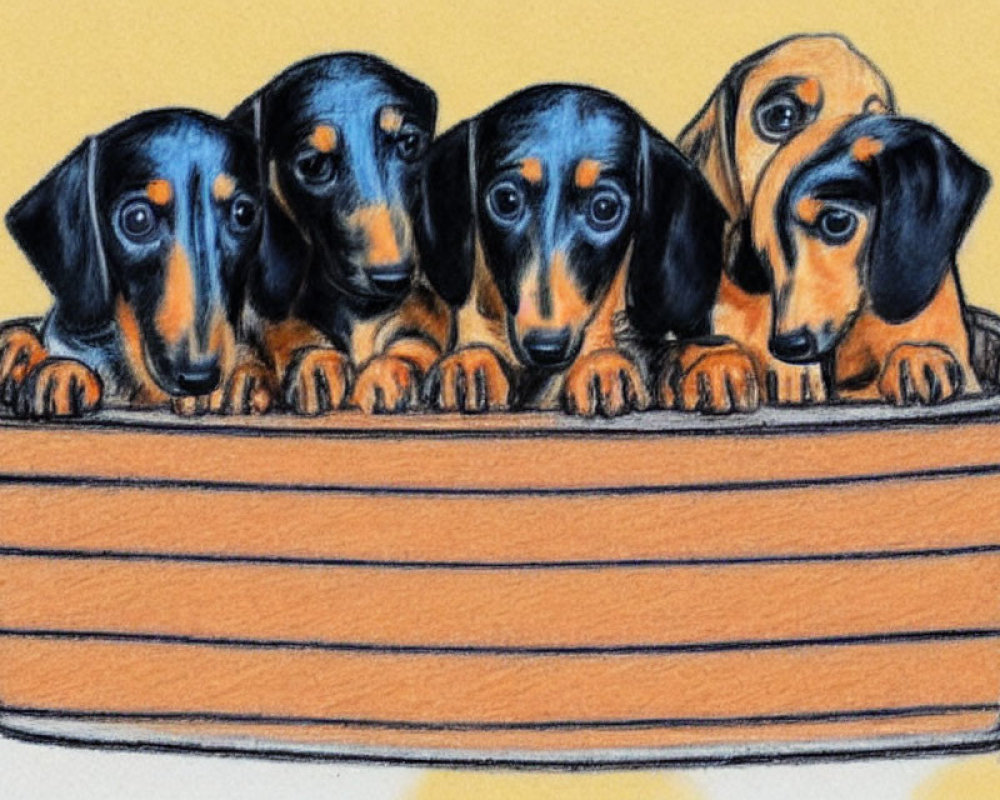 Five Dachshund Puppies in Container on Yellow Background