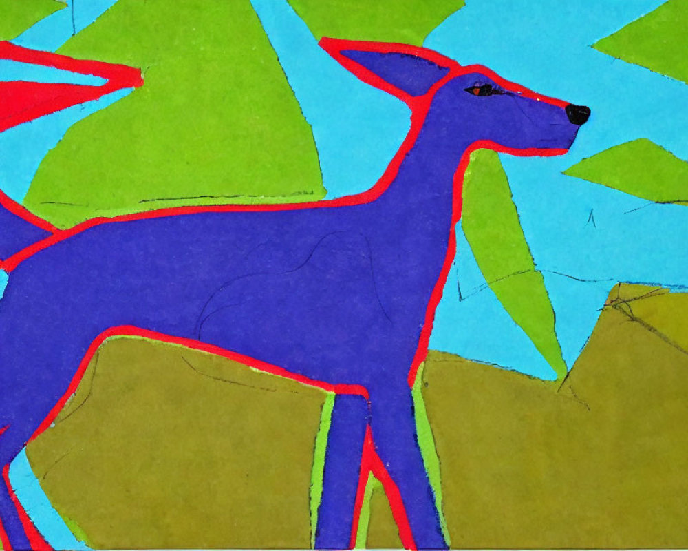 Colorful Abstract Painting: Slender Blue Dog on Geometric Background